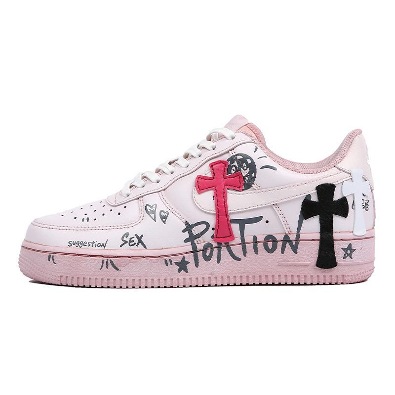 [Custom Men's pink cross]  Air Force 1 Skateboarding Shoes Men Low-top White/powder