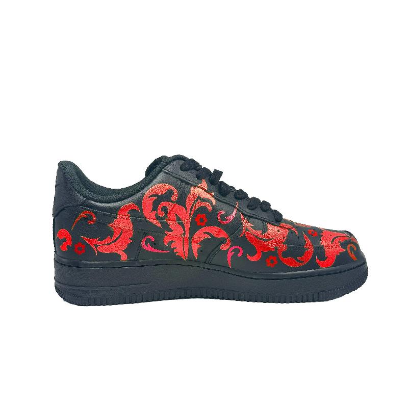 [Custom Fiery red flowers]  Air Force 1 Skateboard Shoes Unisex Low-Top Black/Red