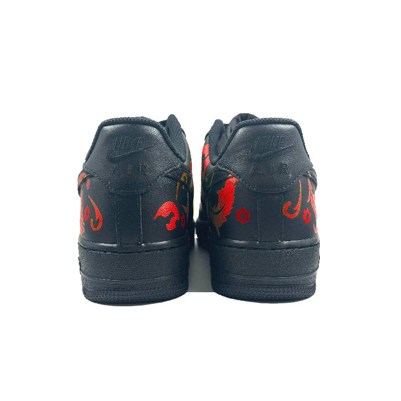 [Custom Fiery red flowers]  Air Force 1 Skateboard Shoes Unisex Low-Top Black/Red