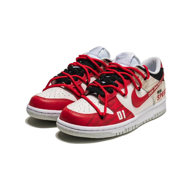 [Custom Men's top-secret racing in white and red]  Dunk Skateboarding Shoes Men Low-top White/red
