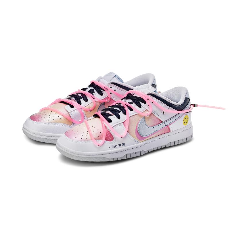 [Custom Pink mesh pattern]  Dunk Skateboarding Shoes Unisex Low-top White/pink/silver