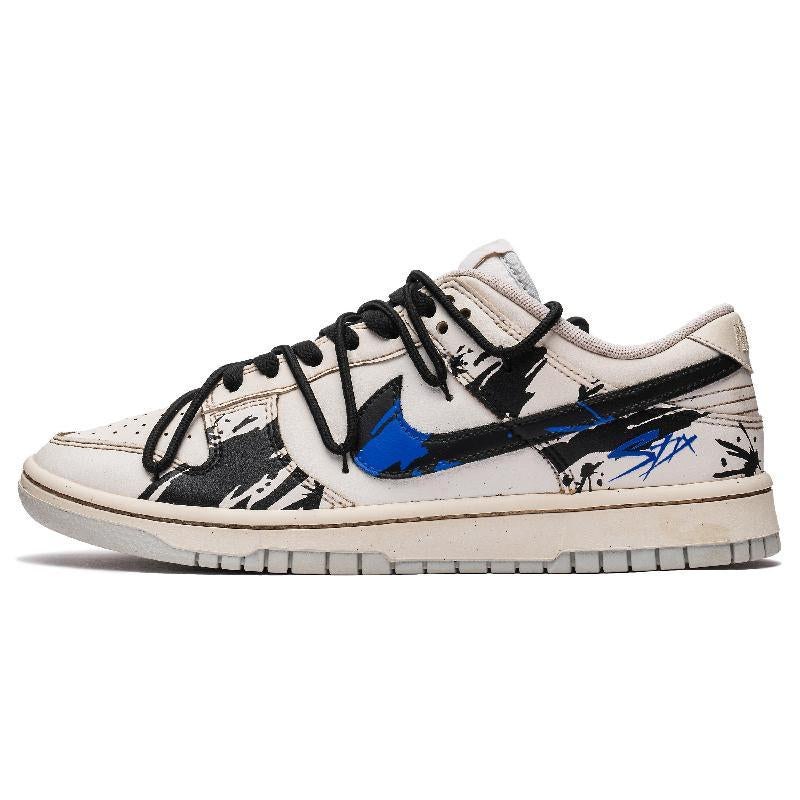 [Custom Men's ink-wash art in black and blue]  Dunk Skateboarding Shoes Men Low-top Blue/Brown
