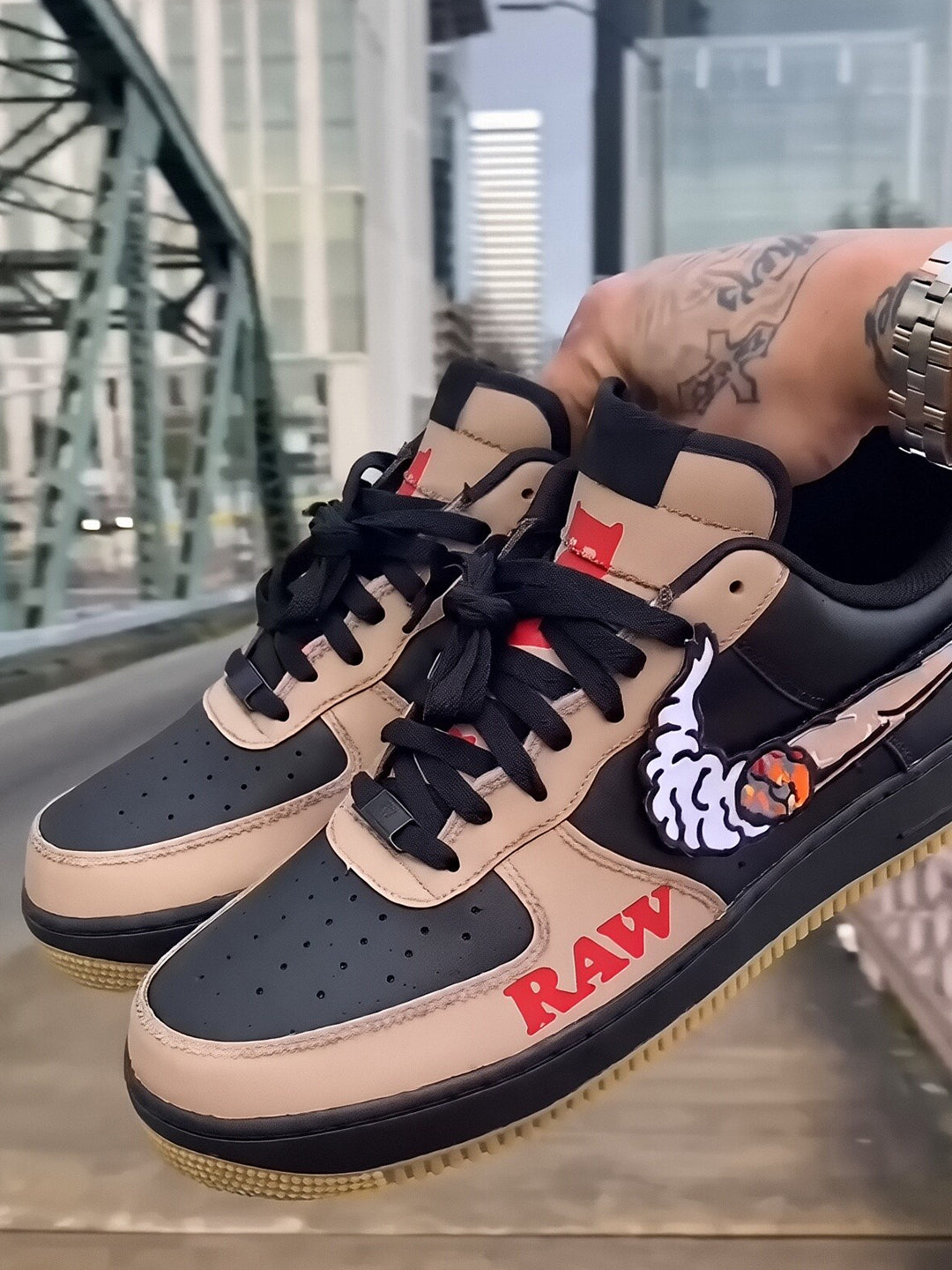[Customized Pipe] Air Force 1 Low-top Shoes Unisex Black/Brown Couture Sneakers