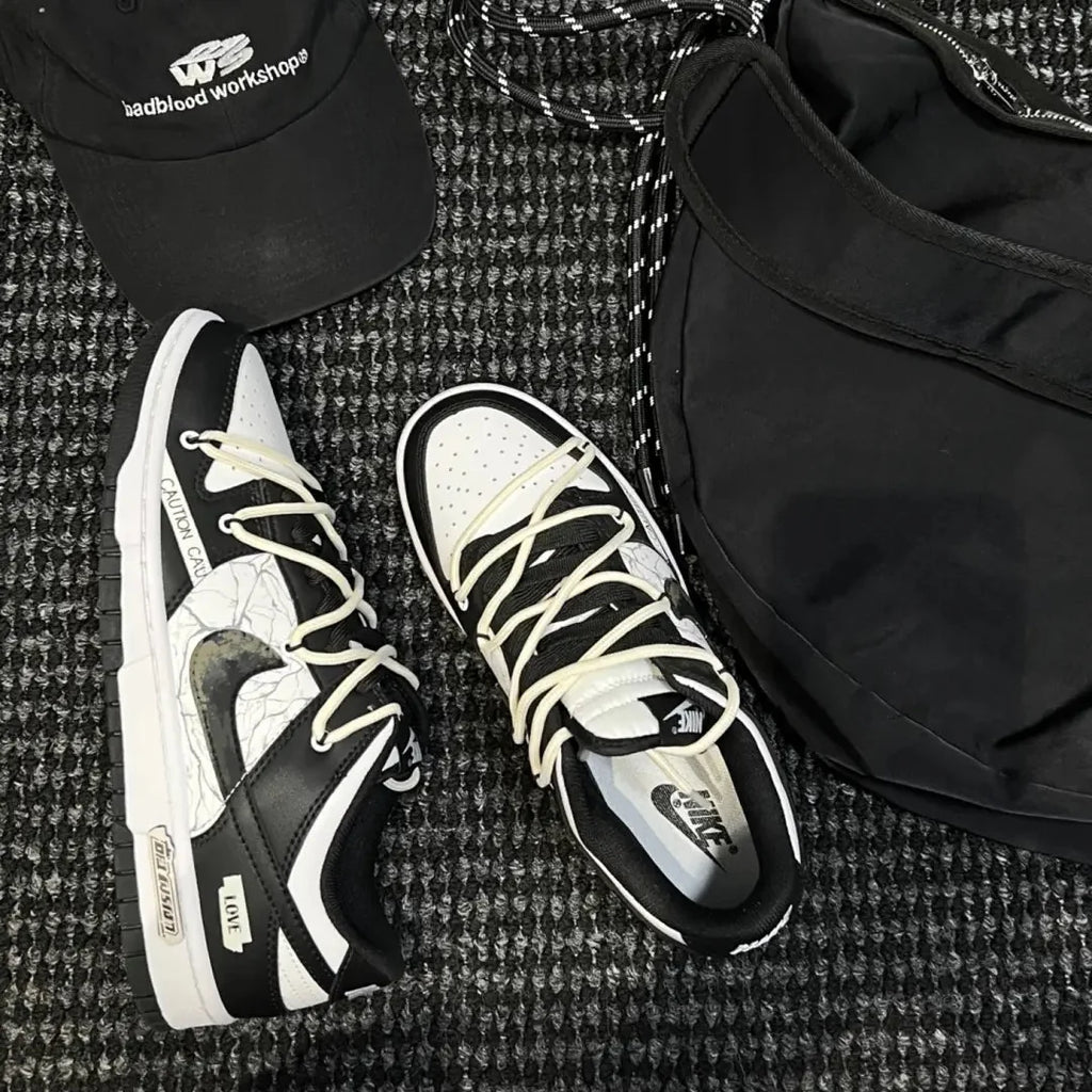 [Custom Crack]  Dunk Skateboarding Shoes Unisex Low-top Black/white/pink