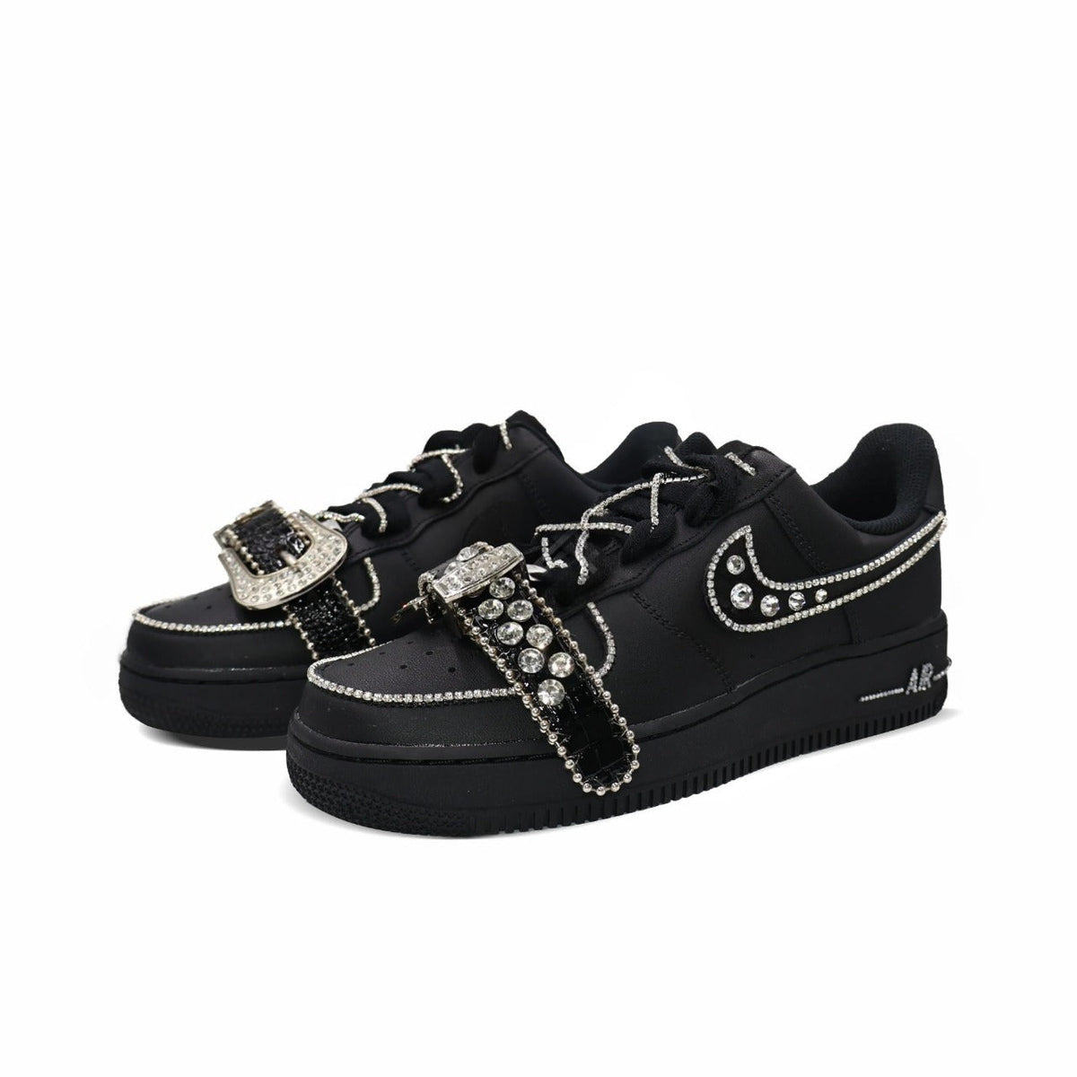 [Customized Black Diamond] Air Force 1 Low-top Shoes Unisex Blcak With Diamond Decoration