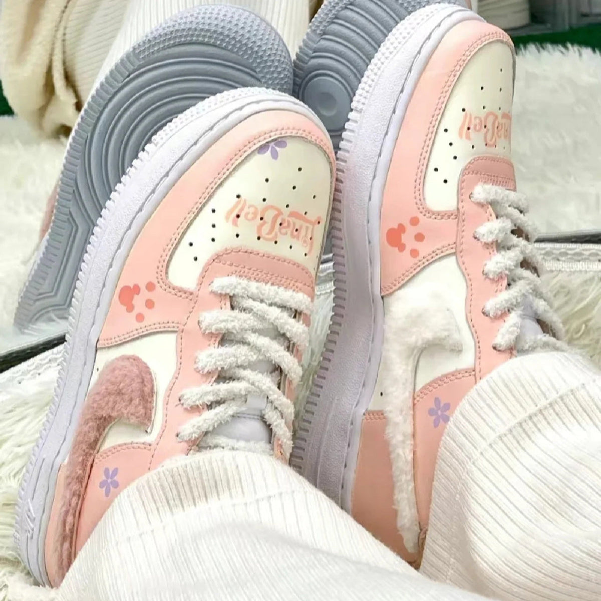 [Custom Pom-Pom Diary]  Air Force 1 Skateboarding Shoes Women's Low-top Pink/white